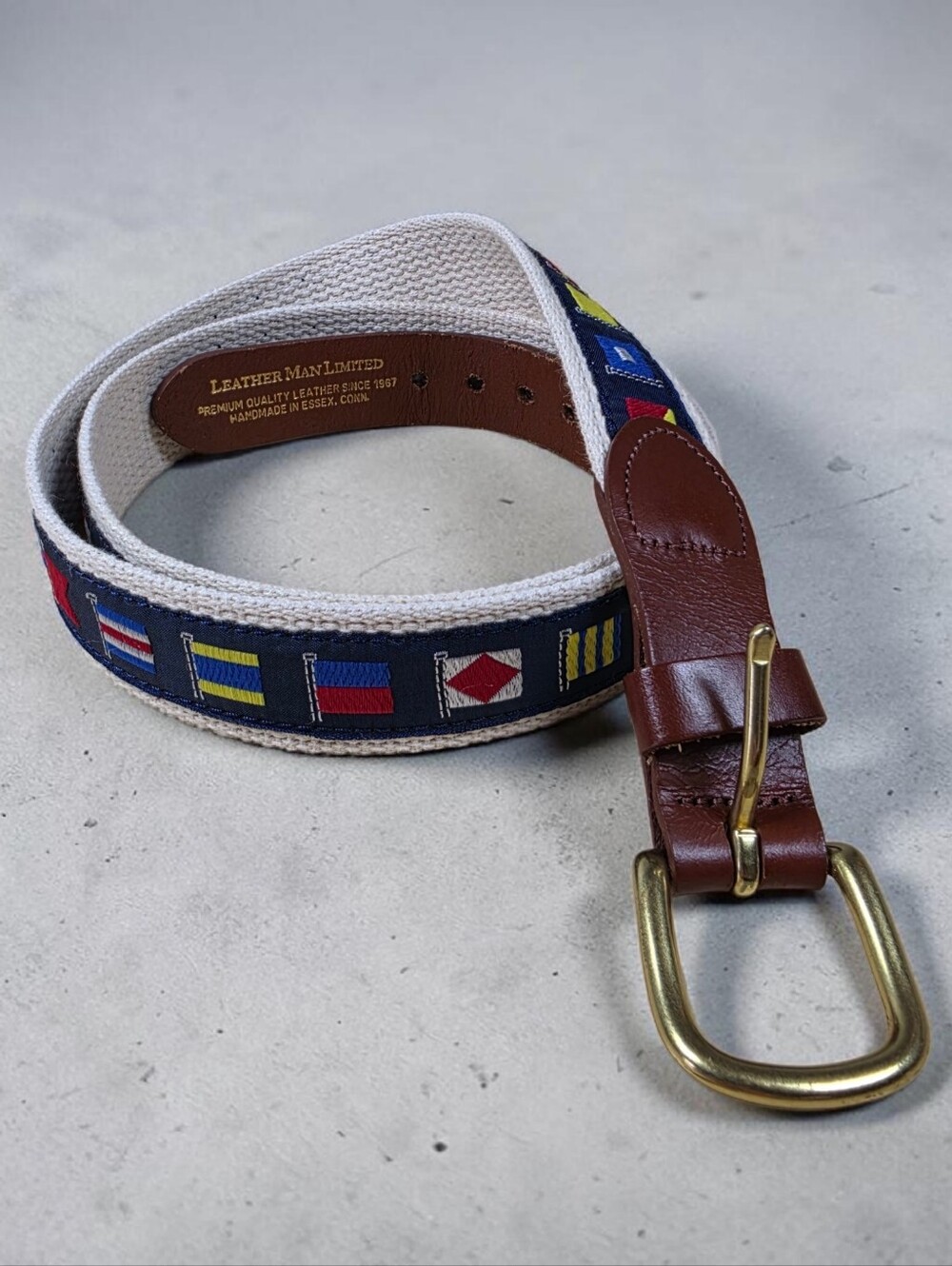 Leather Man Limited Nautical Flag Ribbon Brass Buckle Belt Yacht Club Maritime